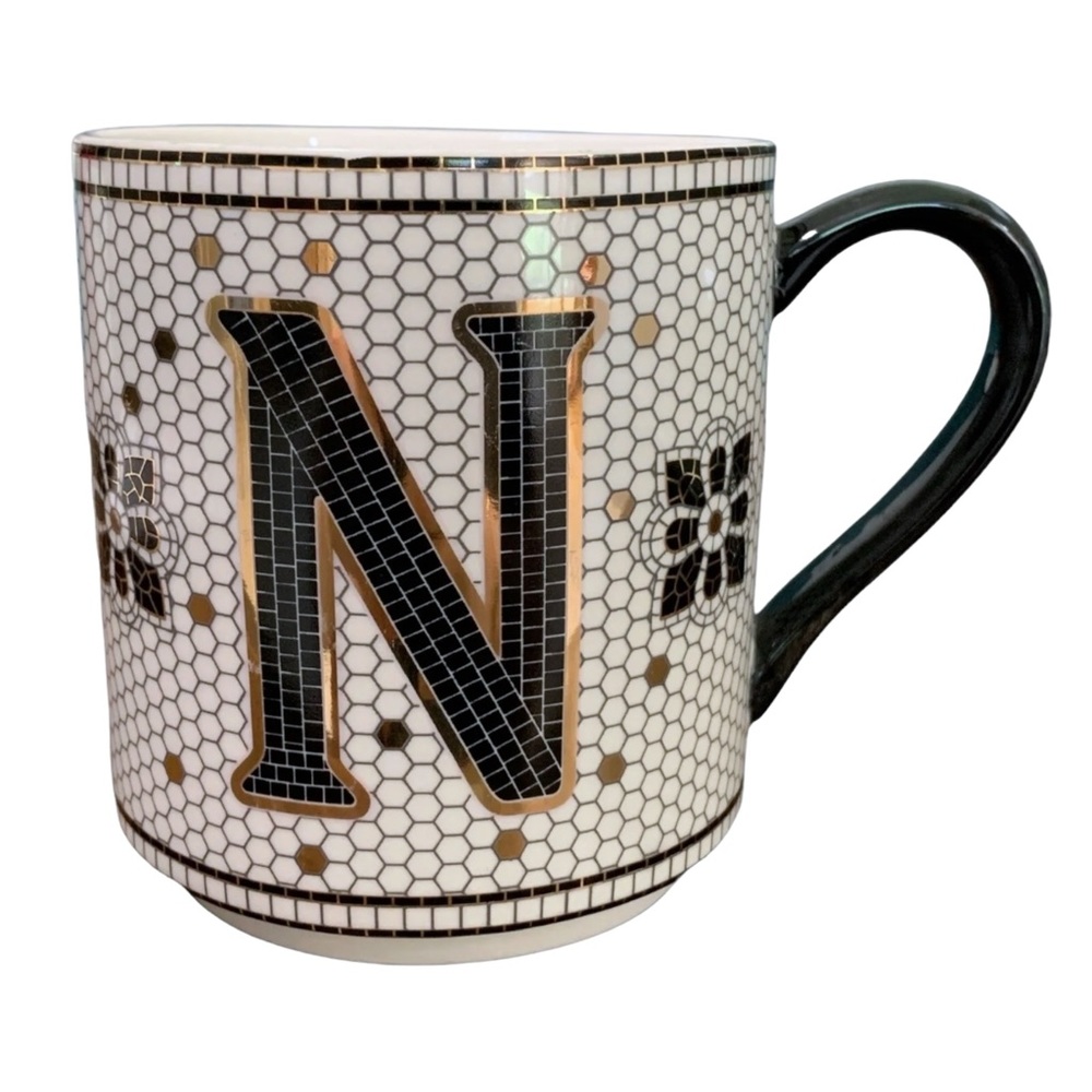 Anthropologie Gold Black Margot Mosaic Tile Letter N Initial Monogram Coffee Mug